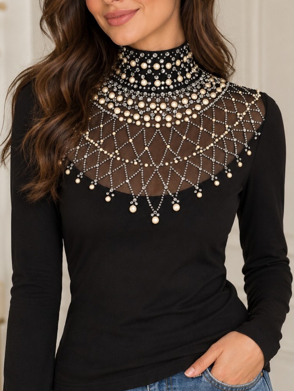 Grayse Embellished Pearl Rhinestone Mesh Mock Neck Top XS Black Glam